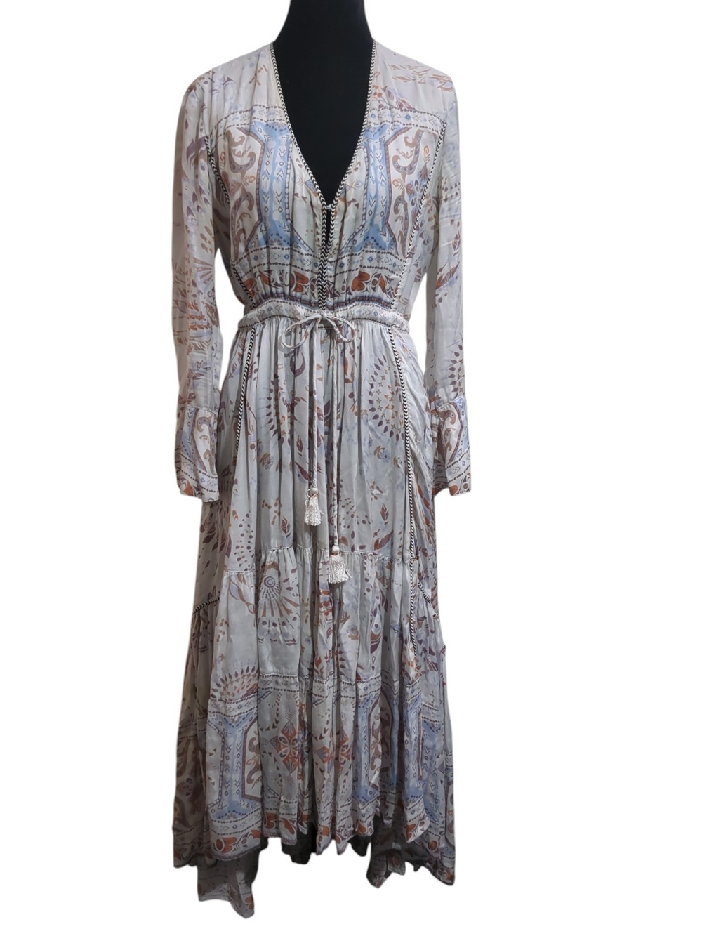 Odd Molly Boho Maxi Dress in Light Blue and Cream with Brown Accents